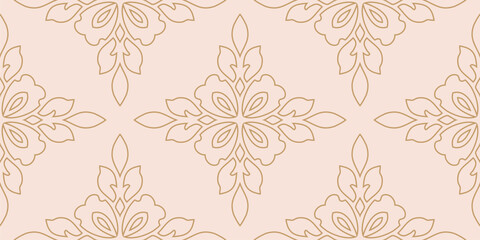 Naklejka premium Luxury linear floral ornament. Exquisite golden seamless pattern with abstract outline flower silhouettes, foliage. Gold and pink minimal design. Geometric vector background in damask, oriental style