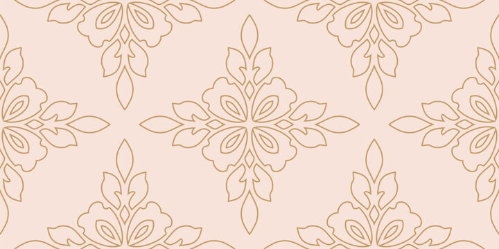 Luxury linear floral ornament. Exquisite golden seamless pattern with abstract outline flower silhouettes, foliage. Gold and pink minimal design. Geometric vector background in damask, oriental style