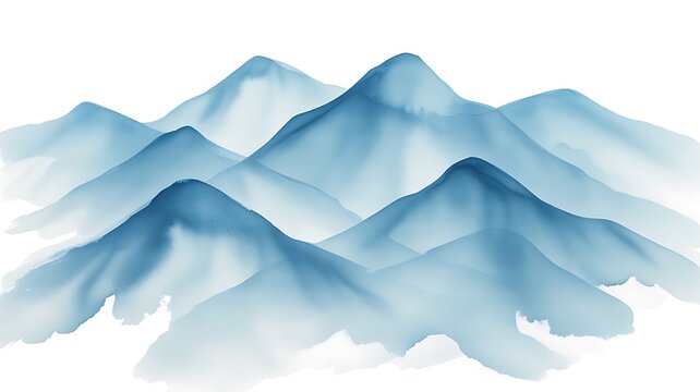 Layered blue watercolor mountains, minimalist landscape illustration, serene tranquil peaks, peaceful valley