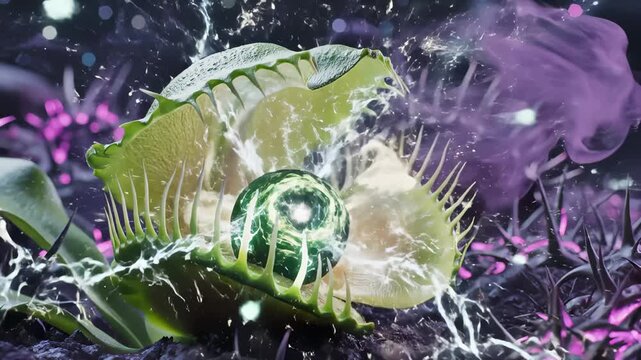 Venus Flytrap Captures Orb Emitting Lightning in Surreal Environment