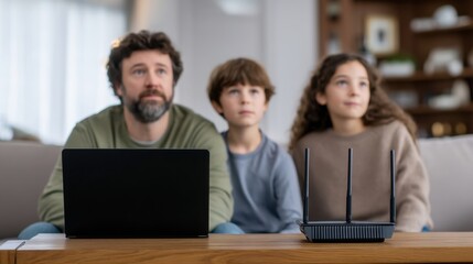 Obraz premium Thoughtful Family Moment at Home with Tech Setup and Somber Expressions