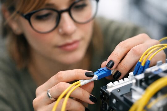 A female engineer installs fiber optic cables in a server rack while ensuring stable network connectivity in a professional IT environment.