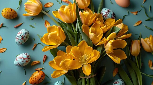 Top view of yellow tulips and speckled Easter eggs on a teal background. Spring holiday flat lay arrangement with flowers. Easter celebration concept