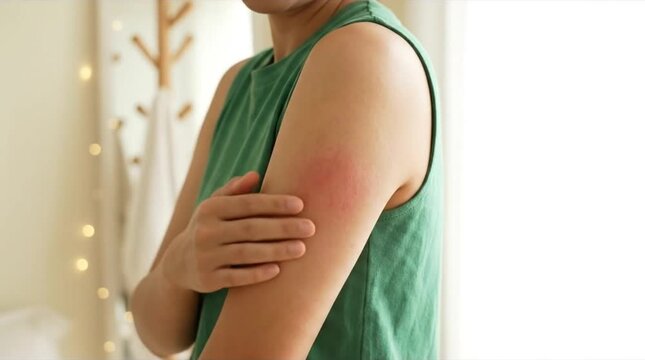 Close-up of a person's arm with a large, red, swollen skin reaction, possibly an insect bite or allergic rash, showing discomfort and irritation
