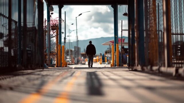 Walking silhouette entering a terrestrial border checkpoint, camera zoom out
