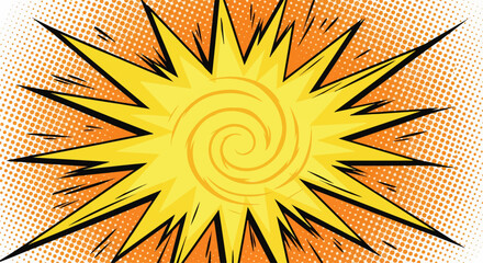 Obraz premium Vibrant pop art comic explosion background with halftone dots and spiral center.