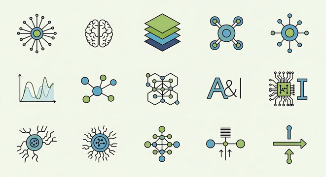 A collection of vector graphic icons representing artificial intelligence and neural network concepts in a flat, minimalist design style.