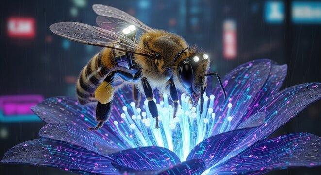 Extreme macro of a honey bee collecting nectar from a glowing futuristic digital flower with data fibers