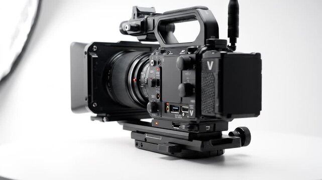 Professional camera setup with lens, monitor, and rig