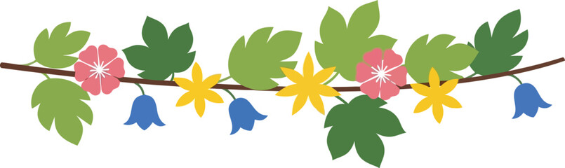Obraz premium Floral border vector clipart with colorful spring flowers and green leaves for decorative design