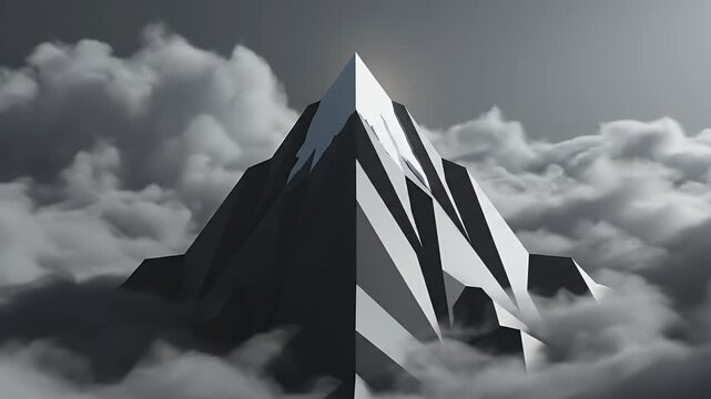 Monochromatic polygonal mountain peak piercing through soft, ethereal clouds