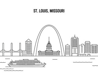 Naklejka premium St Louis Missouri city skyline with Gateway Arch and riverboat urban landscape illustration