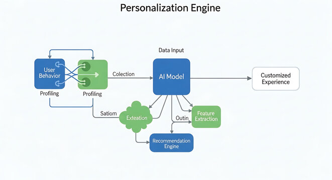 A vector graphic illustration of a personalization engine flowchart with AI model and data input