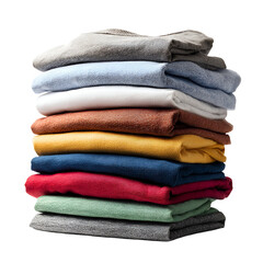 Neatly stacked folded clothes in various colors on white background