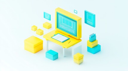 Obraz premium Virtual study room with computer tablet and cubes in yellow and blue e learning concept with 3d illustration