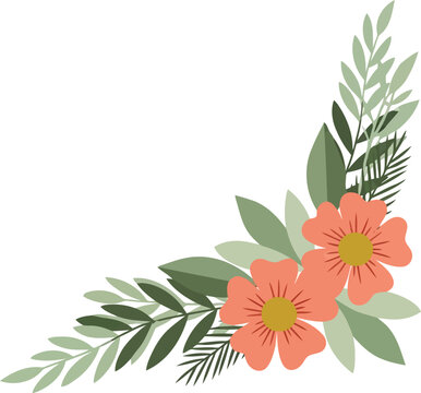 Floral corner vector clipart with pink flowers and green leaves for wedding invitations