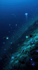 Obraz premium Deep sea creatures and bioluminescent jellyfish swim near coral reef