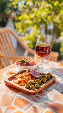 Relaxing outdoor brunch with wine, olives, and tapas on a sunny terrace table