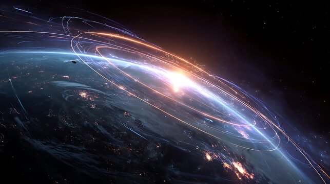 Science of creation, futuristic satellite and drones generating atmosphere around a lifeless planet, glowing plasma lines circling the globe, 