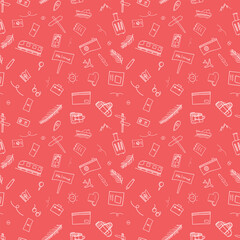 Travel and summer vacation hand drawn doodle seamless pattern on coral background