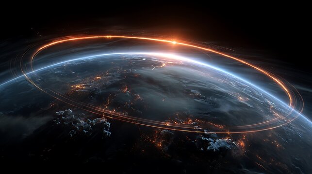 Science of creation, futuristic satellite and drones generating atmosphere around a lifeless planet, glowing plasma lines circling the globe, 
