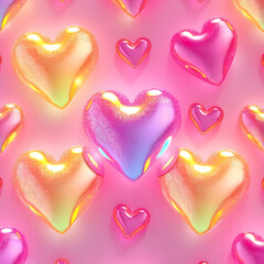 Fototapeta premium 3d iridescent shinny pastel hearts, pink, purple, yellow romantic valentines background