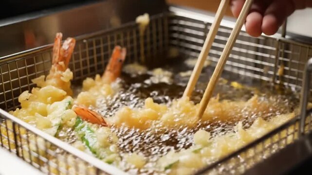 Golden tempura being cooked in a deep fryer, captured with precision