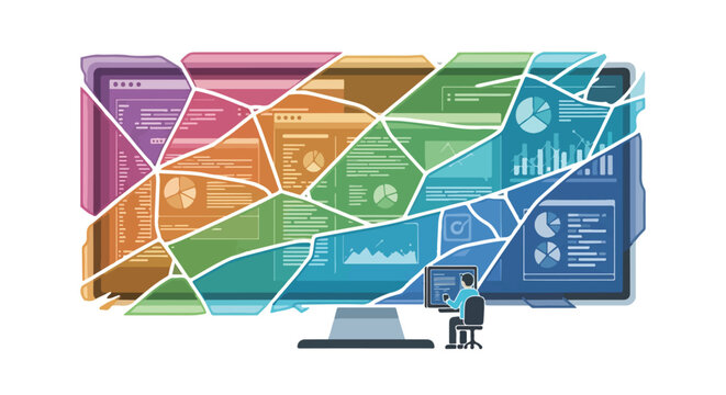 Digital data analysis and business intelligence visualized across fragmented screens, showcasing complex information dashboards and advanced technology solutions.