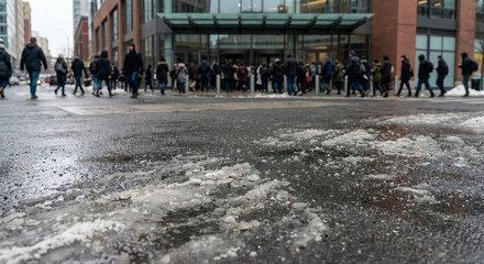 Obraz premium Busy city street with commuters walking in winter weather 