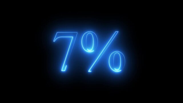 Glowing neon blue digital percentage symbol displaying 7% percent discount on dark black background, futuristic promotional sale concept with vibrant light outline