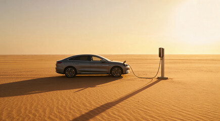 Obraz premium Modern electric car charging at solitary station in vast desert at sunrise with golden light and long shadows. Perfect for eco-friendly, futuristic, and sustainable transport visuals