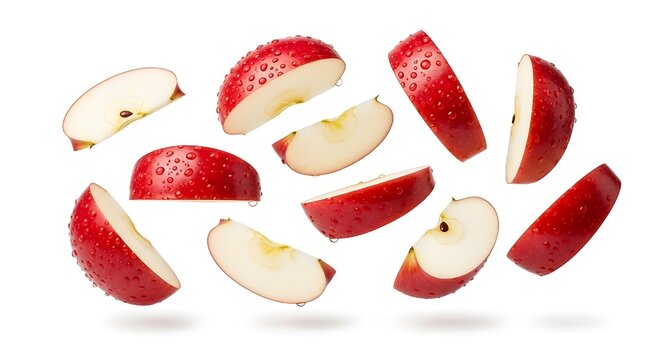 Floating red apple slices captured in motion, fresh healthy fruit isolated on white for commercial advertising