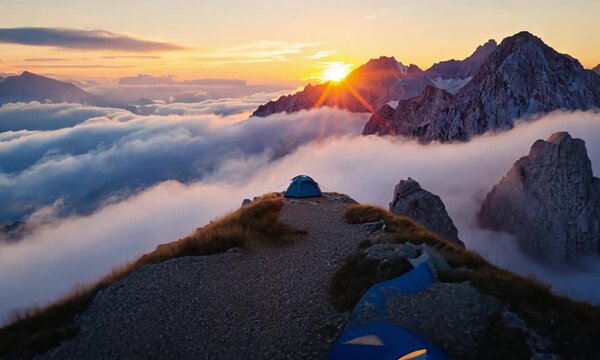 Setting Up a Tent on a Mountain Ridge at Sunrise