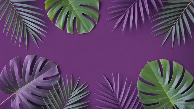 Lush tropical Monstera and palm leaves frame vibrant green and purple copy space