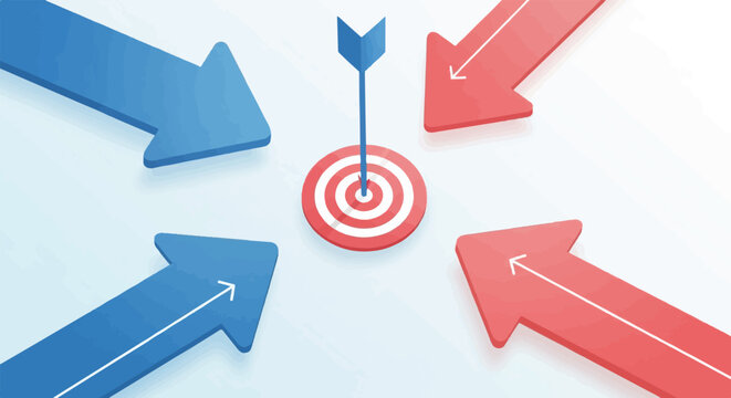 Red and blue arrows converge on a target, symbolizing a common goal or objective