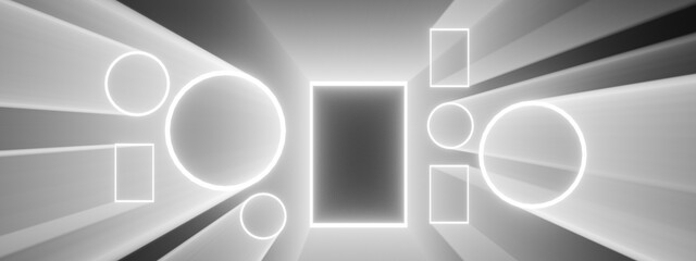Abstract white geometric frames light leaks overlay with glowing circles and rectangles gallery background
