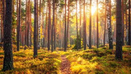 Sunlit forest trail through tall trees during autumn landscape scene
