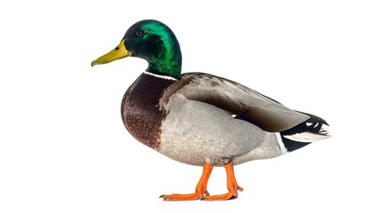 Obraz premium Detailed mallard duck, side view, on a white background. Bright plumage is highlighted by the plain backdrop