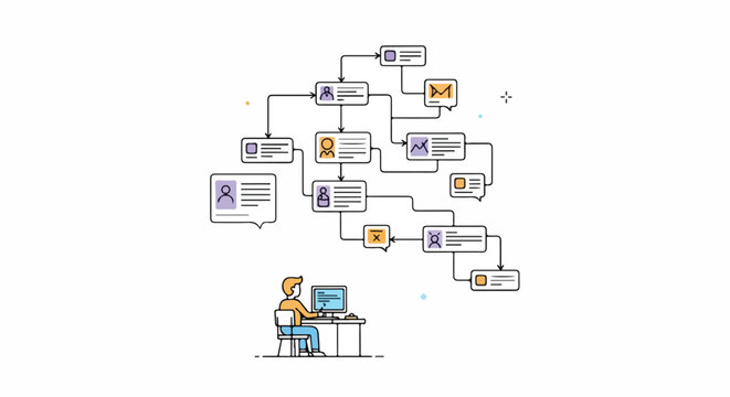 Person at computer managing complex digital workflow, data processing, and network architecture. Visualizing information flow, system management.
