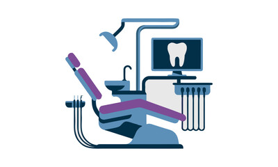 Flat dental clinic equipment and dentist chair vector graphic on white background, easily editable.