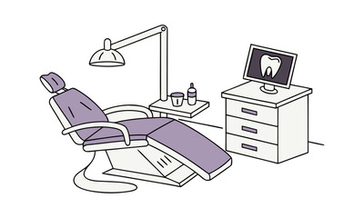 Minimal dental office setup with chair and tools vector illustration on white background, easily editable.