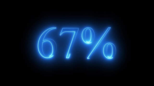 Glowing neon blue digital percentage symbol displaying 67% percent discount on dark black background, futuristic promotional sale concept with vibrant light outline