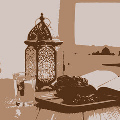 illustration of a lantern and a moon 