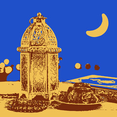 illustration of a lantern and a moon 