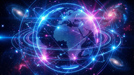 Fototapeta premium Digital earth globe with glowing data connection lines and satellites in space representing global telecommunication and worldwide internet network connectivity for modern technology future