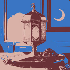 illustration of a lantern and a moon 