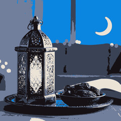 illustration of a lantern and a moon 
