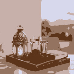 illustration of a lantern and a moon 