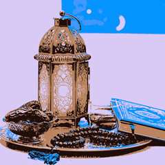 illustration of a lantern and a moon 