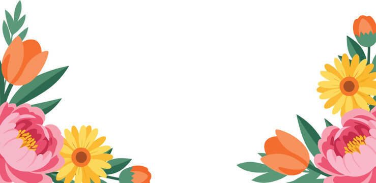 Spring floral border vector clipart with colorful flowers and leaves for invitations and cards